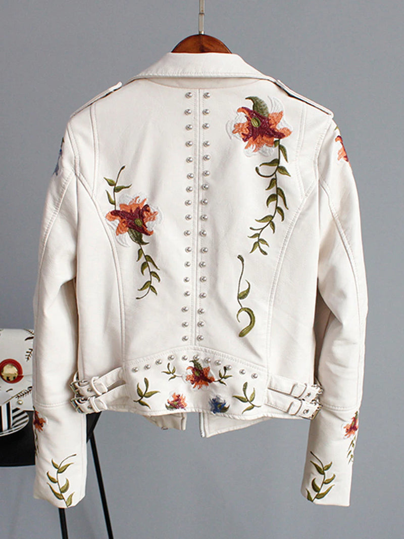 Ly Varey Lin Floral Print Embroidery Faux Soft Leather Jacket Women Pu Motorcycle Coat Female Black Punk Zipper Rivet Outerwear