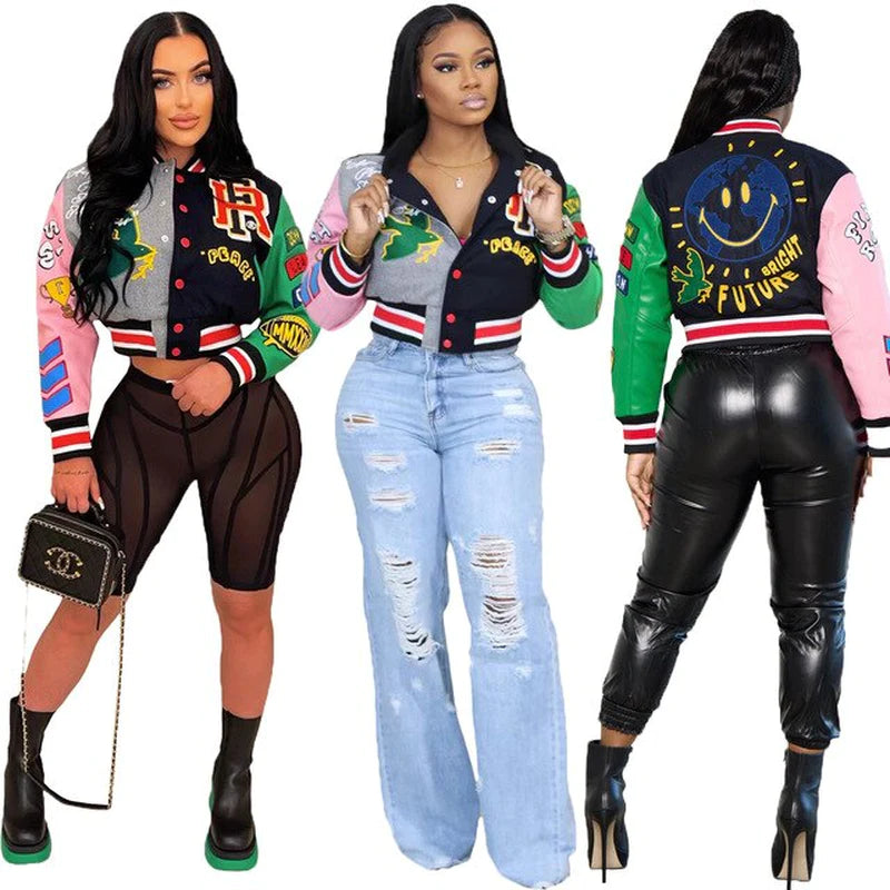 Varsity Print Baseball Jacket Letterman Women Crop Cut Y2K Streetwear Racing Bomber Jackets Autumn Coat