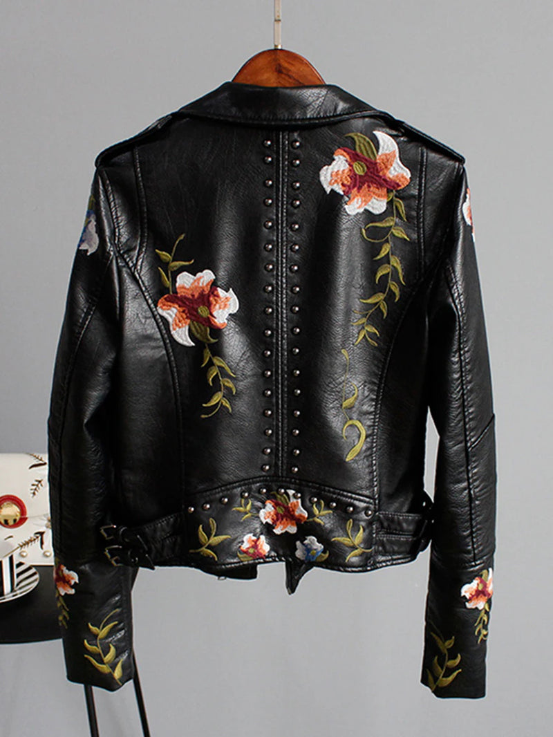 Ly Varey Lin Floral Print Embroidery Faux Soft Leather Jacket Women Pu Motorcycle Coat Female Black Punk Zipper Rivet Outerwear